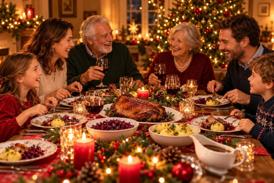 Familie an der weihnachtlichen Tafel mit Gänsebraten, Rotkohl und Klößen